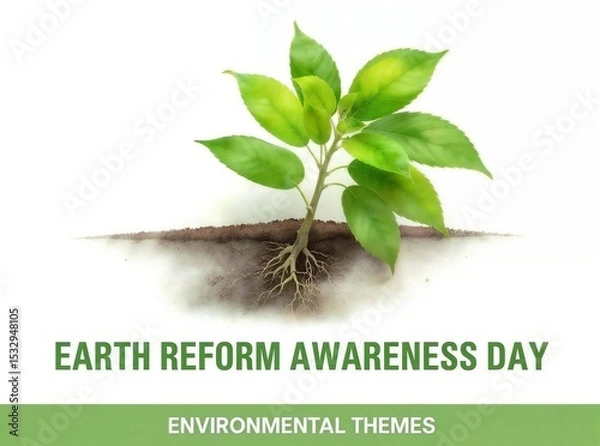 Fototapeta A vibrant green plant with visible roots in soil, set against a white background. Text reads 'Earth Reform Awareness Day' and 'Environmental Themes'.
