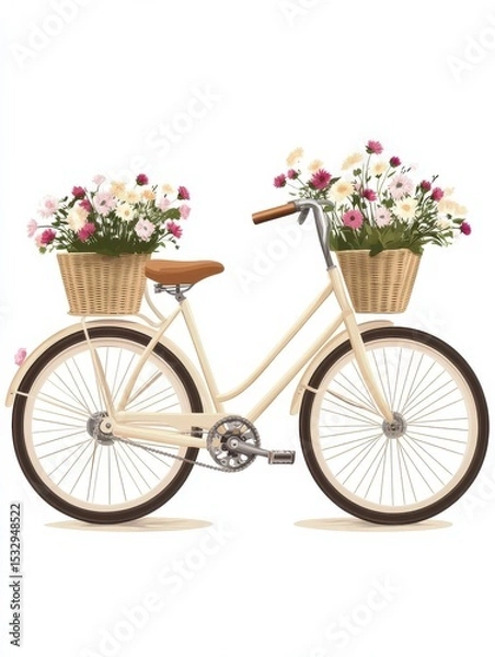Fototapeta Isolated flat-style illustration of beige retro bike with. flowers in the baskets.