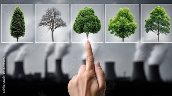 Fototapeta A hand selecting a healthy tree from a series, symbolizing environmental choices.