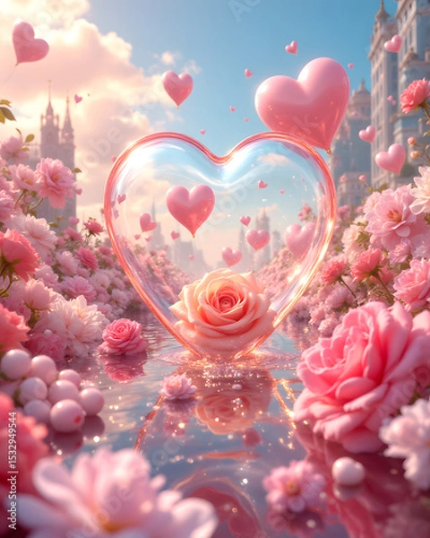 Fototapeta Eternal Bloom of Love: A heart-shaped glass display filled with a singular rose in a garden setting, with an abundance of roses and floating hearts in the air, under a pastel sky.