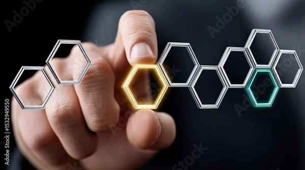 Fototapeta A close-up of a male hand interacting with hexagonal digital shapes, symbolizing innovation.