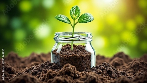 Fototapeta A small plant with two green leaves grows in a glass jar filled with soil, surrounded by dark earth. The background shows a green and yellow gradient.