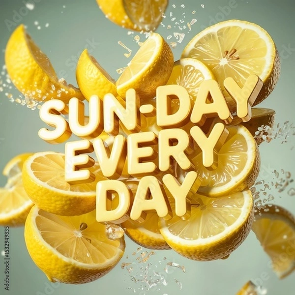 Fototapeta Vibrant lemon slices and whole lemons with water droplets, bold yellow 3D text reading SUN DAY EVERY DAY, and a soft green background.