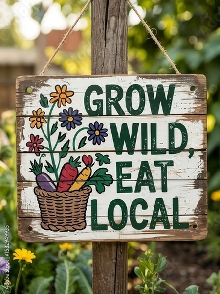Fototapeta A weathered wooden sign reads Grow Wild Eat Local, adorned with a basket of vegetables and flowers. Lush greenery and garden elements form the background.