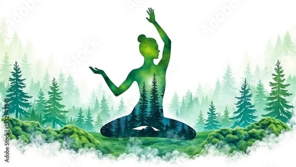 Fototapeta A silhouette of a seated yoga pose integrates with a vibrant forest scene, featuring evergreen trees, lush greenery, and a misty forest background.