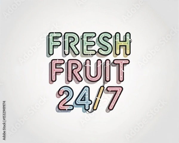 Fototapeta Vibrant neon style text reading Fresh Fruit 24 or 7 in green, pink, yellow, and blue on a plain white background with realistic shadows and highlights.