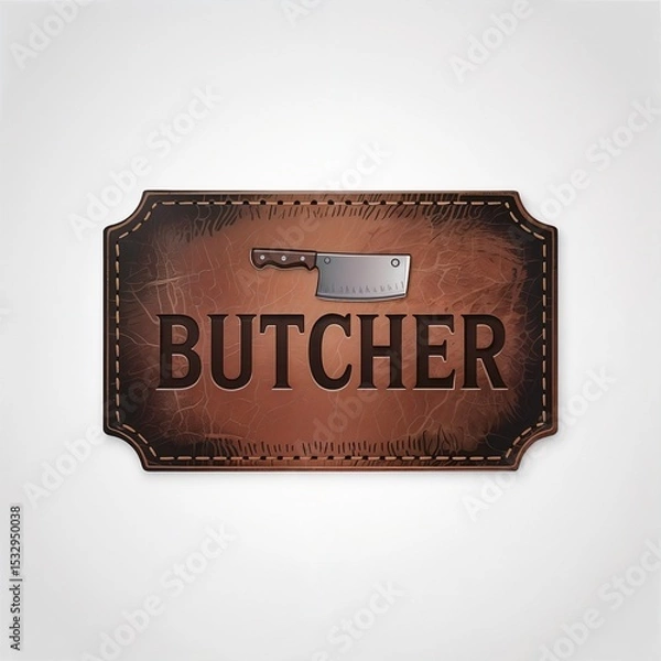 Fototapeta Rectangular sign with leather like texture, stitched border, bold 'BUTCHER' text, and a meat cleaver illustration on a distressed background.