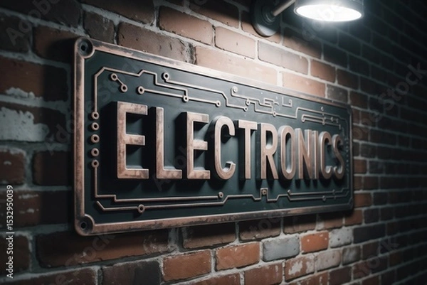 Fototapeta A rectangular sign reading 'ELECTRONICS' in metallic letters is mounted on a brick wall, featuring a circuit board design and illuminated by an overhead light.