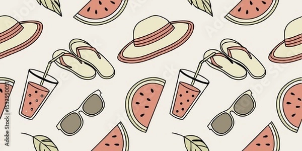 Fototapeta Pattern features wide brimmed hats, flip flops, sunglasses, watermelon slices, leafy accents, and juice glasses on a light beige background.
