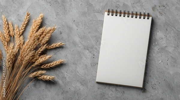 Fototapeta A blank notepad rests on a smooth grey surface, accompanied by a cluster of dried wheat. This setup provides a serene and minimalistic aesthetic for creative expression or planning