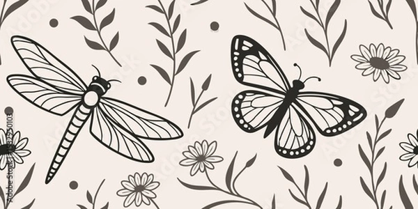 Fototapeta Seamless black pattern on beige background featuring a dragonfly, butterfly, daisies, and leafy branches with intricate details and contrast.