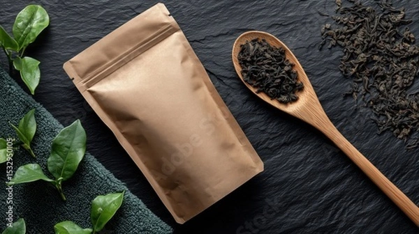 Fototapeta A kraft paper bag sits alongside a wooden spoon filled with loose black tea leaves. Fresh green tea leaves are placed on a textured surface, enhancing the natural aesthetic