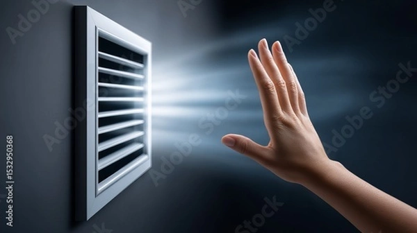 Fototapeta A close-up of a hand near an air vent, demonstrating airflow against a dark backdrop.