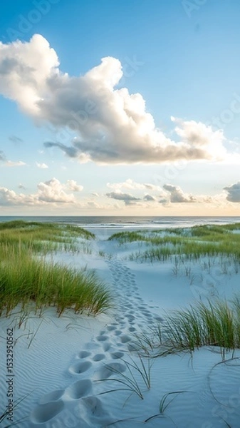 Fototapeta Footprints in the sand leading to the ocean under a blue sky with fluffy white clouds above dunes