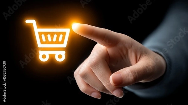 Fototapeta A close-up of a hand interacting with a glowing shopping cart icon.