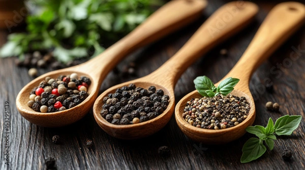 Obraz Wooden spoons with assorted peppercorns on dark wood