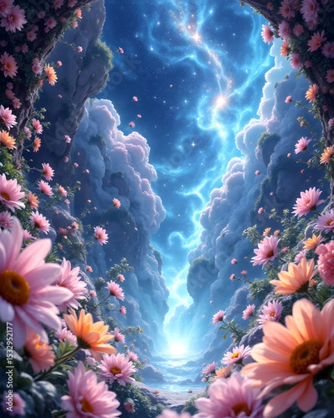 Fototapeta Enchanted Bloomscape: A celestial realm blossoms with pastel flowers and ethereal clouds, creating a tranquil and magical environment.