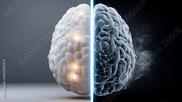 Fototapeta A 3D illustration of a brain split into light and dark halves, symbolizing duality.