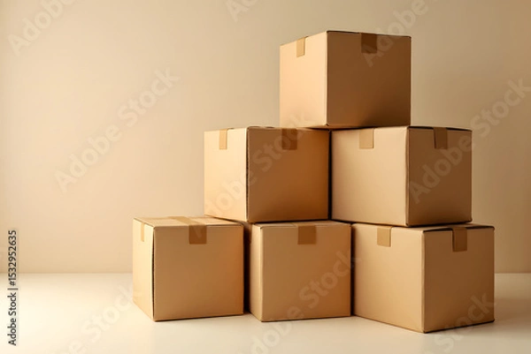 Fototapeta Stacked Shipping Boxes: An artful arrangement of sturdy, brown cardboard boxes, neatly stacked and ready for shipment, sitting in front of a light-toned background.