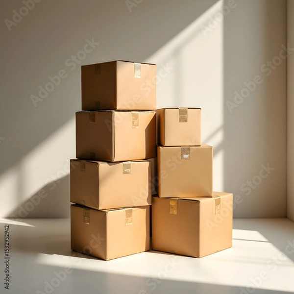 Fototapeta Stacked Cardboard Boxes: A minimalist composition featuring a stack of brown cardboard boxes, casting shadows against a plain background, symbolizing the process of moving.