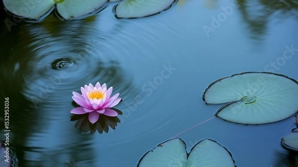 Fototapeta Close up of a pink water lily with yellow center floating on water with lily pads and ripples seen