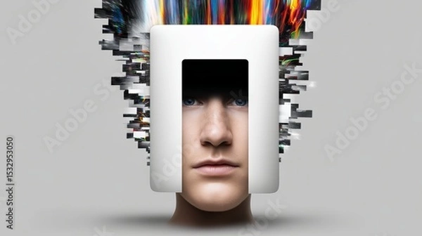 Fototapeta A young male with a futuristic design, experiencing a burst of digital creativity.
