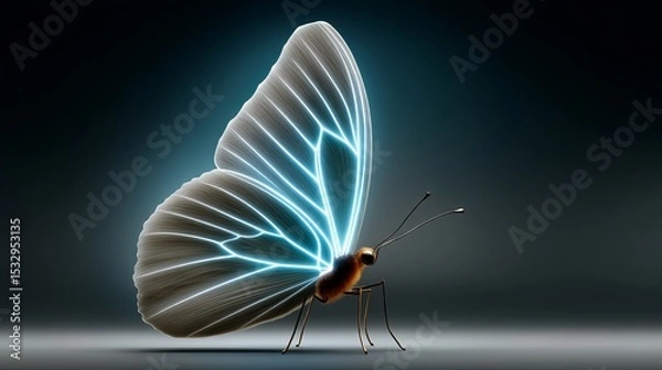 Fototapeta Translucent butterfly with glowing lines against a dark background.