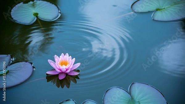 Fototapeta A pink water lily blossom floating on a pond with lily pads and water ripples in the background
