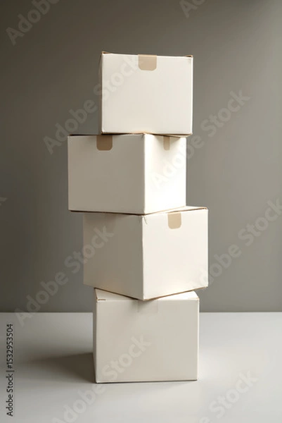 Fototapeta Stacked Boxes: Minimalist still life features an arrangement of simple, neutral-toned cardboard boxes stacked neatly, evoking themes of order and anticipation.