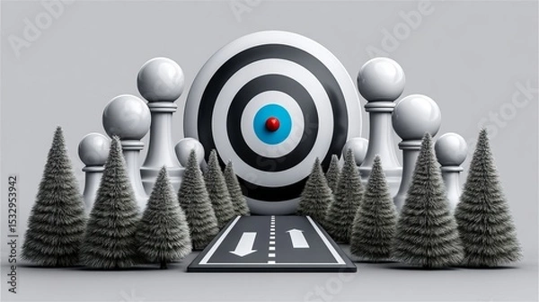Fototapeta A conceptual image depicting a target surrounded by pawns and a road.