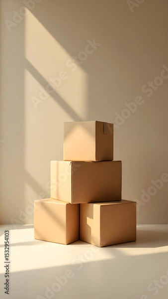 Fototapeta Stacked Cardboard Boxes in Sunlight: A minimalist composition featuring a stack of cardboard boxes artfully arranged, bathed in the warm, dappled sunlight streaming through a nearby window.
