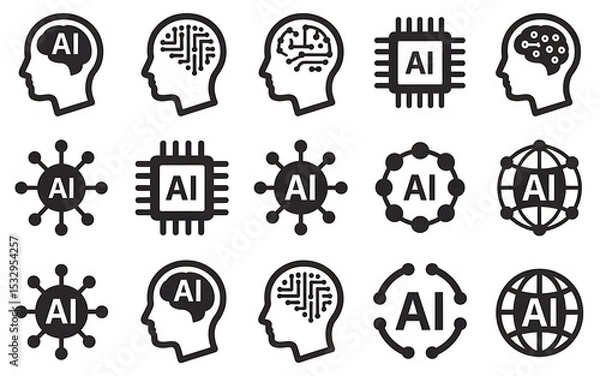 Fototapeta Collection of artificial intelligence ai icons featuring heads circuits and global network symbols in black