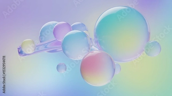 Fototapeta A group of iridescent spheres and a glass like structure floating in a pastel colored space