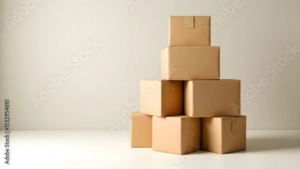 Obraz Stacked Cardboard Boxes: A neat stack of various-sized cardboard boxes, arranged in a pyramid against a subtly textured backdrop, suggests a variety of themes from moving to storage.