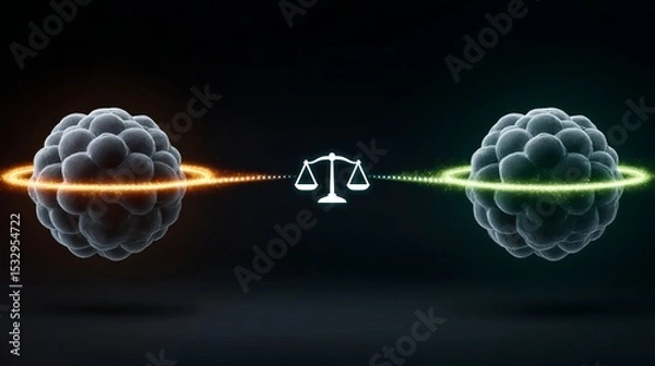 Fototapeta Abstract illustration of balance between two particles with equal mass in a dark setting.