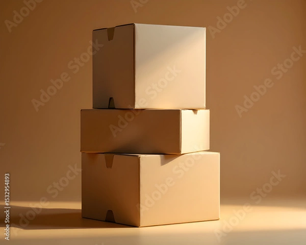Fototapeta Stacked Cardboard Boxes: Minimalist composition, these three boxes, meticulously arranged atop one another. This image encapsulates themes of storage, and delivery.