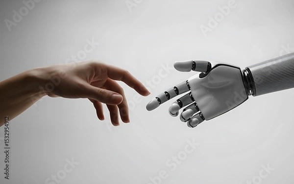 Fototapeta Human hand reaching out towards a robotic hand against a plain white studio background close up view