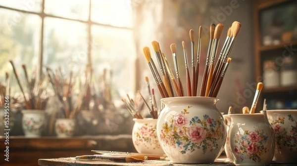 Obraz Paintbrushes in floral vases sit on a surface near a window.