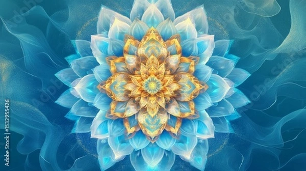 Obraz Abstract floral design with fractal patterns in blue white and gold colors.