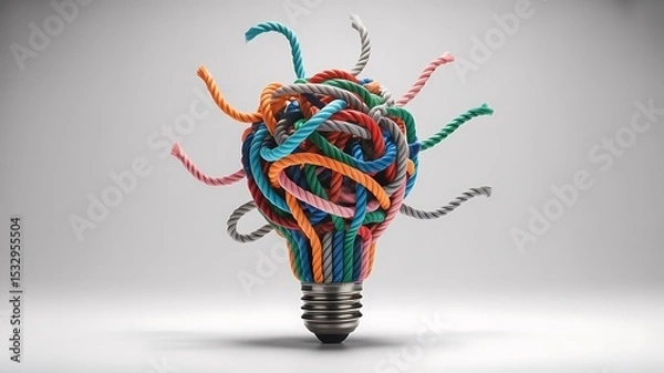 Fototapeta A lightbulb made of colorful ropes on a white background representing creative ideas and innovation