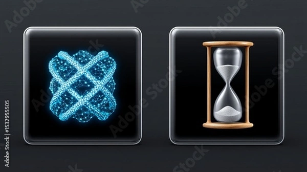 Fototapeta Futuristic blue digital icon next to wooden hourglass symbolizing time and technology.