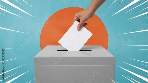 Fototapeta Hand placing a vote in a gray box against a blue background with an orange circle and white lines