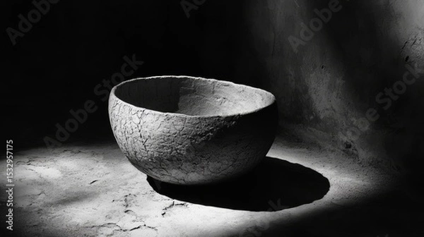 Fototapeta Empty bowl sits in spotlight casting shadow on textured surface.