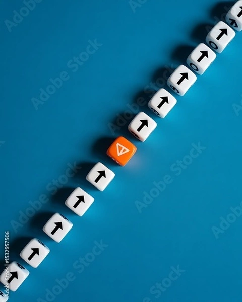 Fototapeta A diagonal line of white dice with upward arrows and one orange dice on a blue colored background
