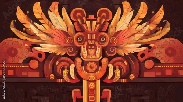 Obraz Aztec style decorative pattern featuring stylized face with wings in warm colors.