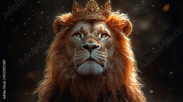Fototapeta Majestic lion with crown, dark background, golden particles