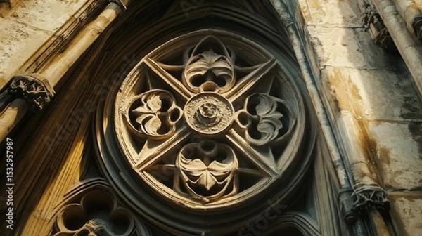 Obraz Stone rosette window detail on an old building with intricate carvings.