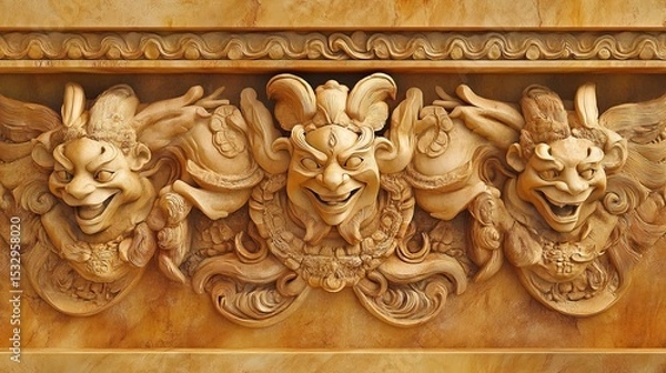 Obraz Carved stone frieze with three grotesque faces and decorative elements.