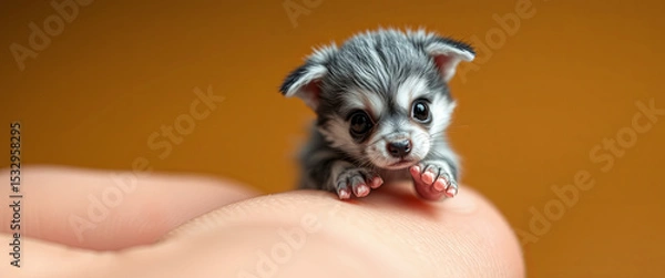 Fototapeta A tiny gray puppy with large expressive eyes is delicately balanced on a person's finger. Its playful posture and soft fur create an adorable sight in a warm indoor setting
