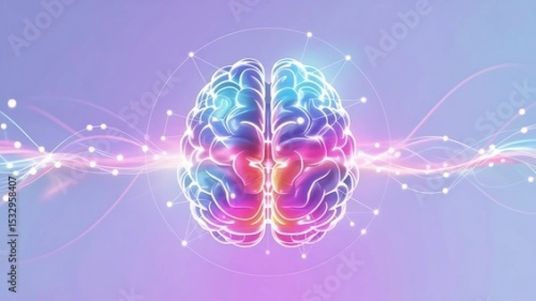 Fototapeta A colorful brain with glowing connections on a light purple background in a digital illustration style